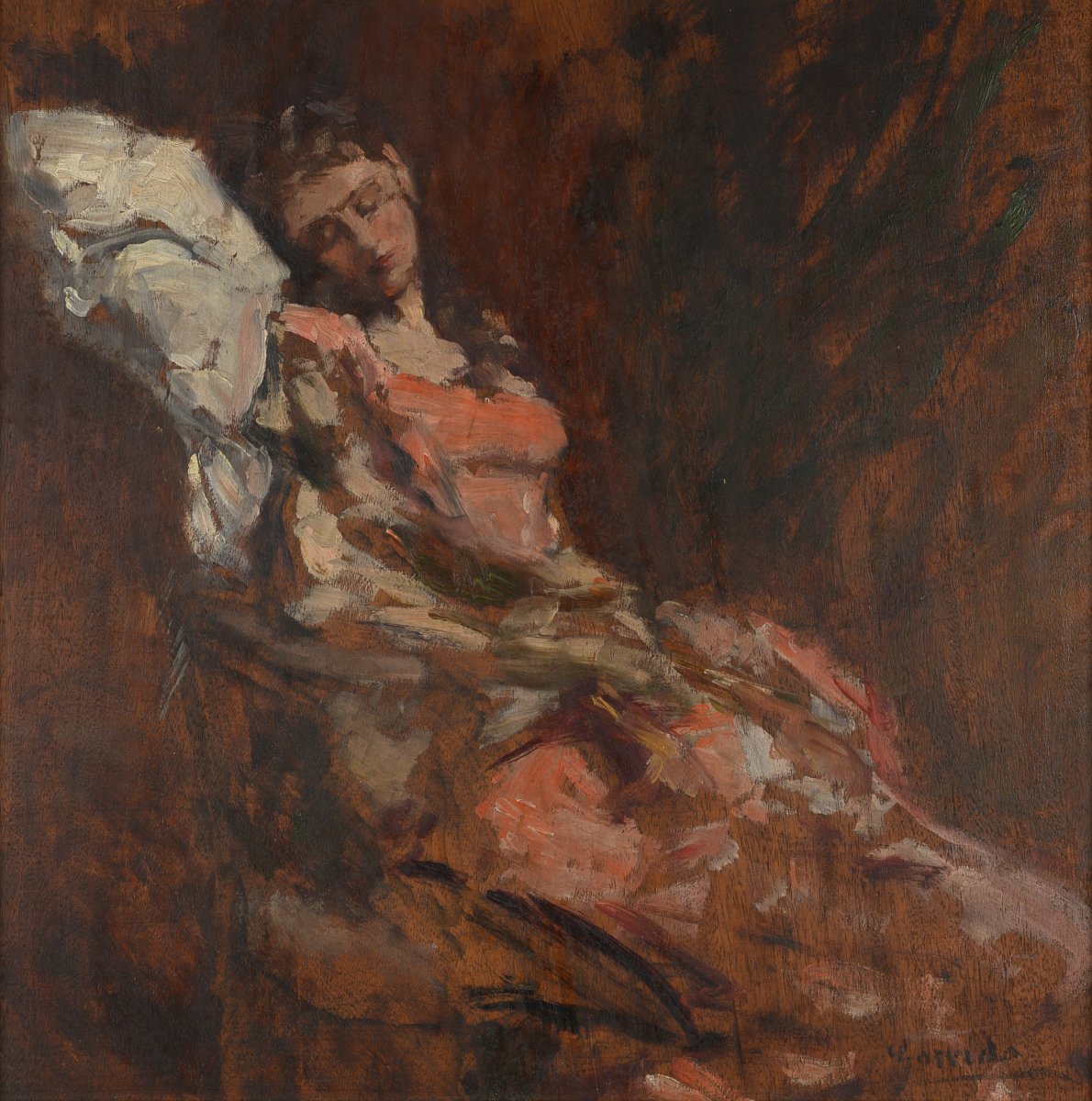 Eduardo León Garrido (1856–1949) – Sleeping Woman In A Pink Dress, Oil On Panel-photo-2