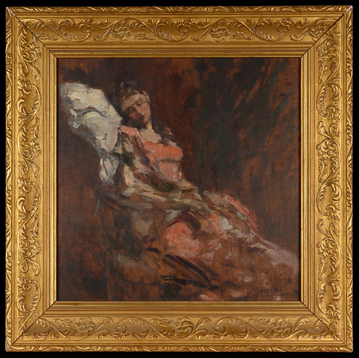 Eduardo León Garrido (1856–1949) – Sleeping Woman In A Pink Dress, Oil On Panel