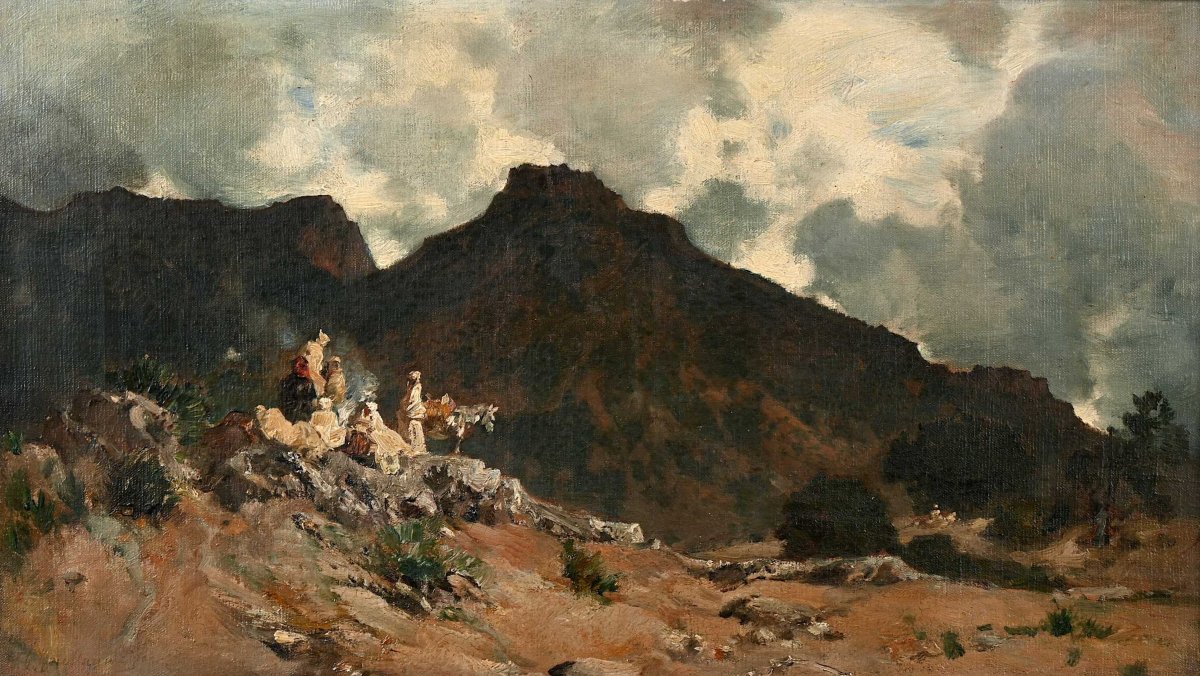 Gustave Flasschoen (1868-1940) Esquisse orientaliste, voyageurs dans l’Atlas algérien vers 1889