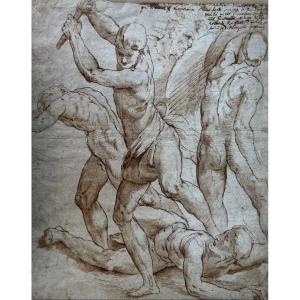 Jacopo Zanguidi Dit Bertoja (1544 - 1574) - 16th Century Drawing, Combat Of 5 Characters