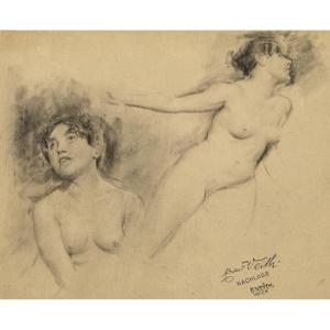 Eduard Veith, Two Charcoal Studies Of Female Nudes, C. 1900