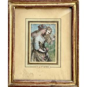 19th-century French School, Pastel Gallant Scene, Double-sided Drawing On A Handwritten Letter