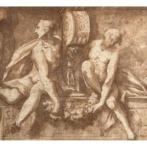 Attribué à Biagio Pupini (act. 1525 - 1575), Deux captifs et trophée d’armes, vers 1535