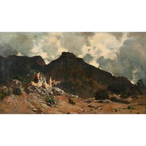Gustave Flasschoen (1868-1940) Esquisse orientaliste, voyageurs dans l’Atlas algérien vers 1889