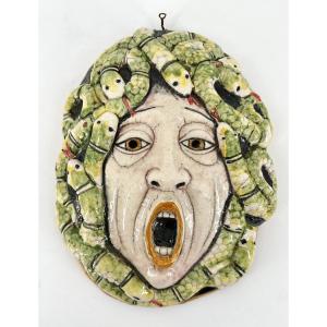 Medusa Mask Made Of Polychrome Caltagirone Earthenware, Early 20th Century
