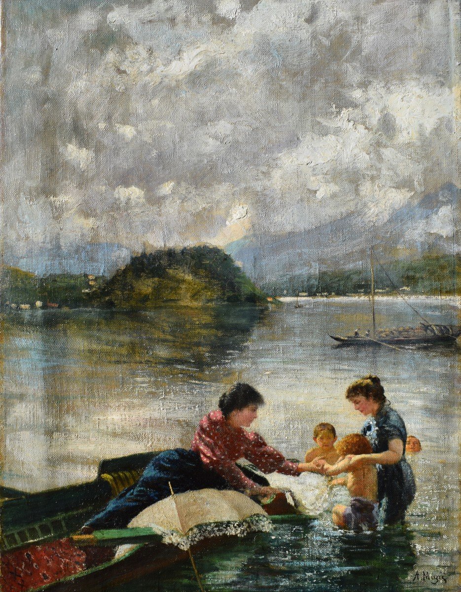 Alfonso Muzii (pescara 1856 – 1946), children’s Bath In Fiumelatte