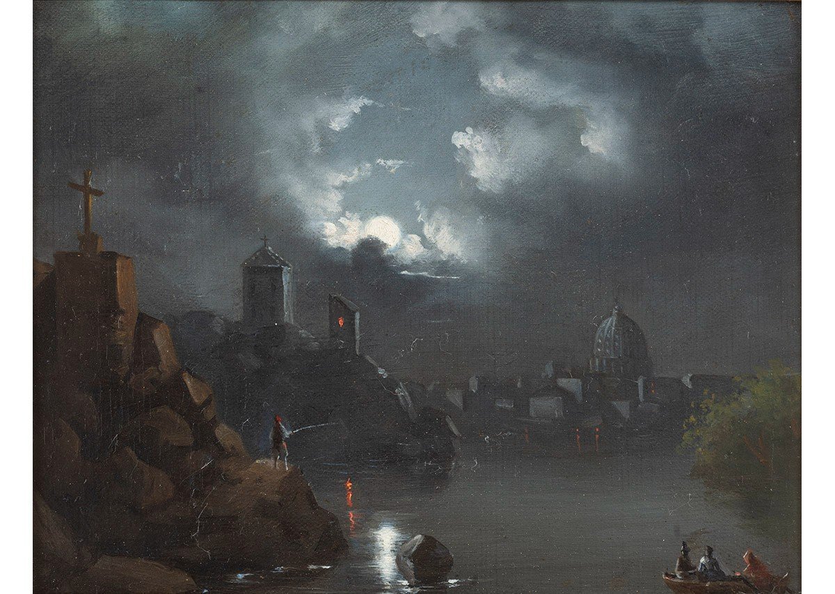 Alfonso Simonetti (Naples 1840 - Castrocielo 1892), San Pietro au clair de lune-photo-2