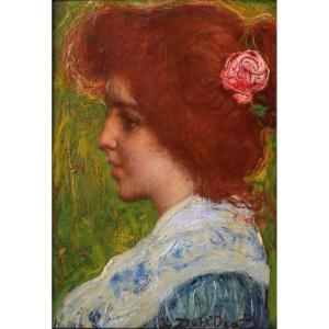 Angelo Dall’oca Bianca (verona 1858 – 1942), Profile Of A Girl With A Rose