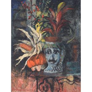 Lino Bianchi Barriviera (1906-1985), Vase de Caltagirone à tête de Maure avec fleurs et maïs 
