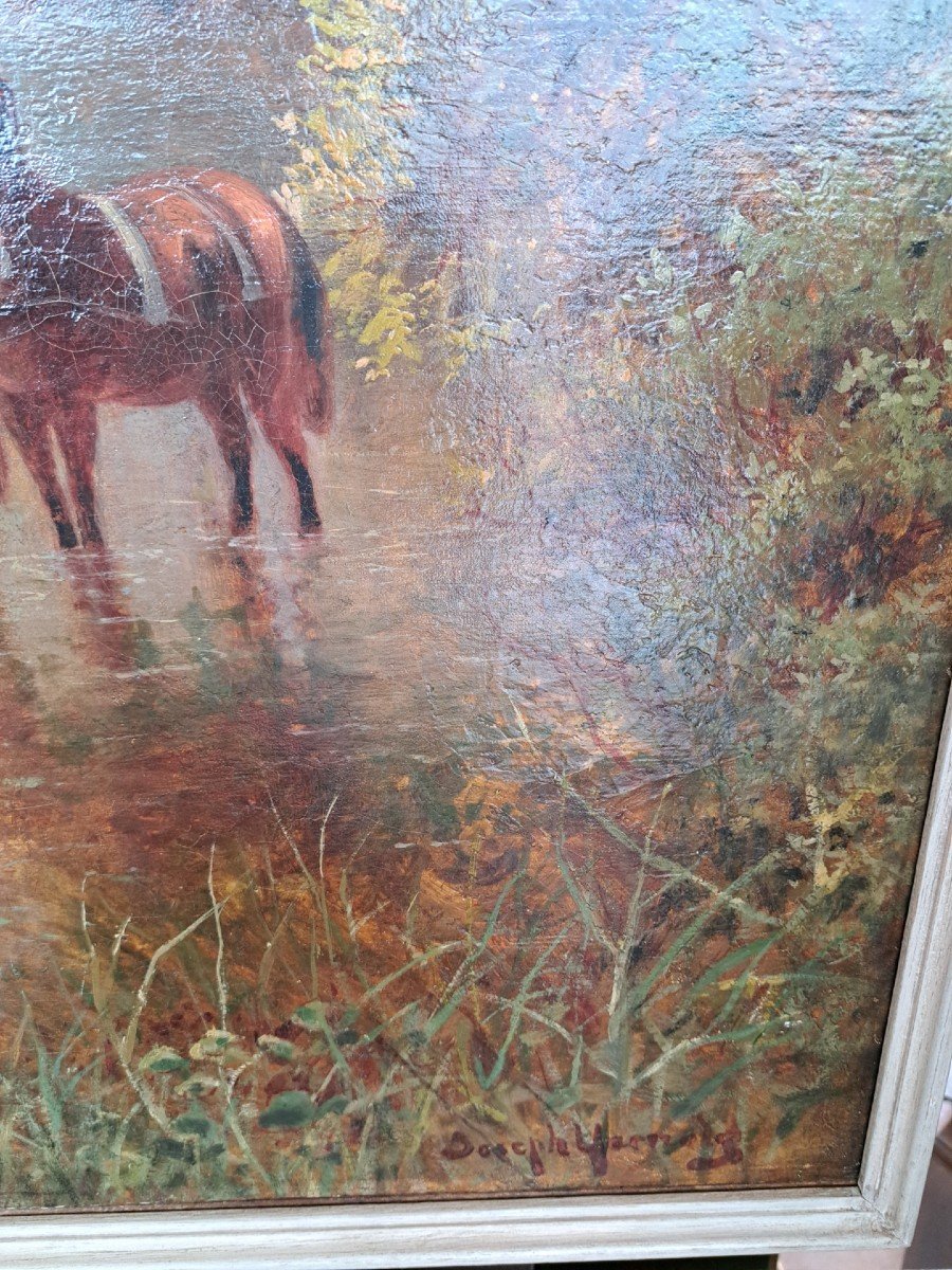 Grande Peinture Du XIXe Siècle - Paysage Fluvial Avec Des Arbres --photo-2