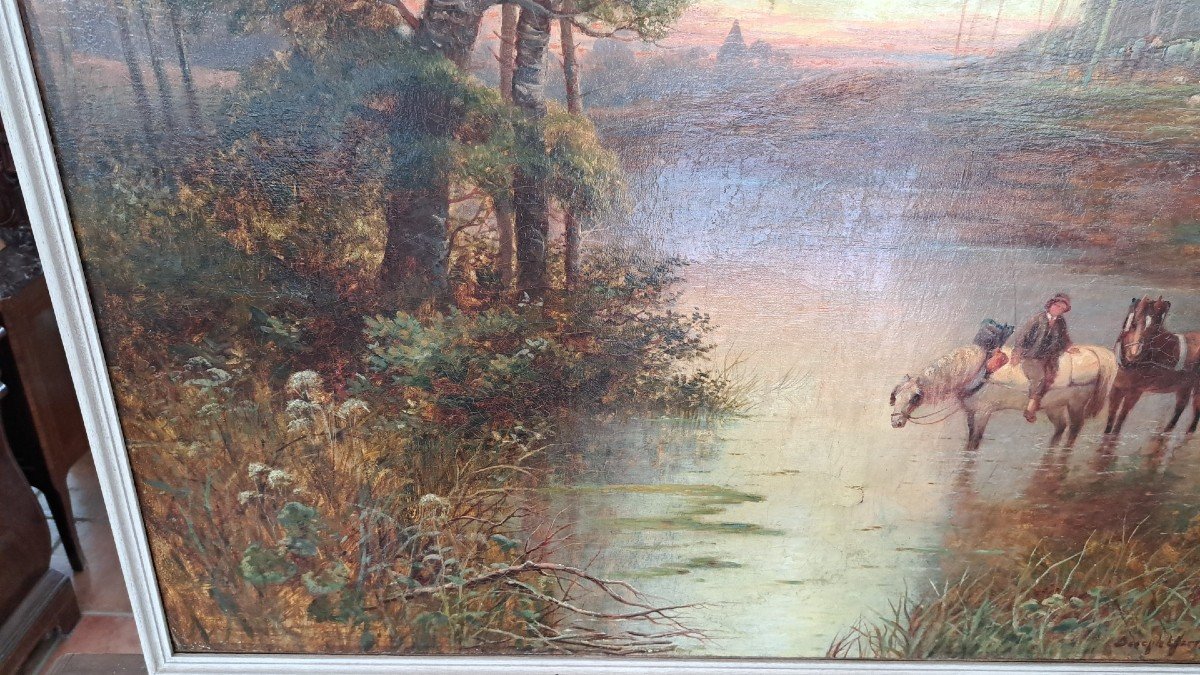 Grande Peinture Du XIXe Siècle - Paysage Fluvial Avec Des Arbres --photo-4