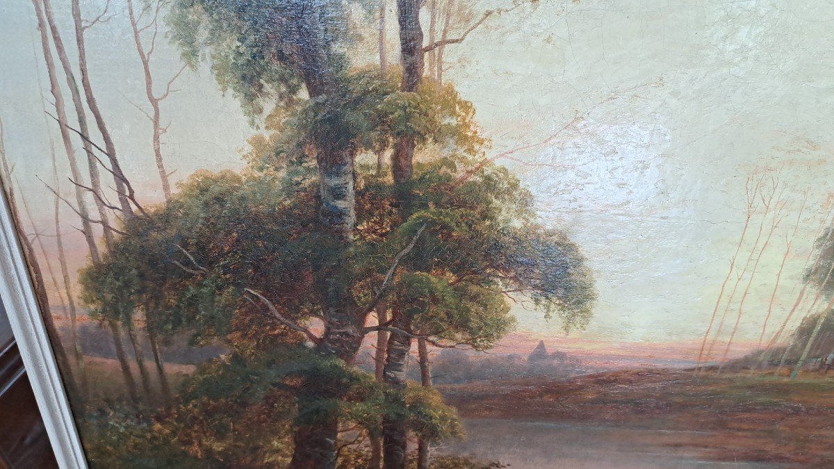 Grande Peinture Du XIXe Siècle - Paysage Fluvial Avec Des Arbres --photo-5