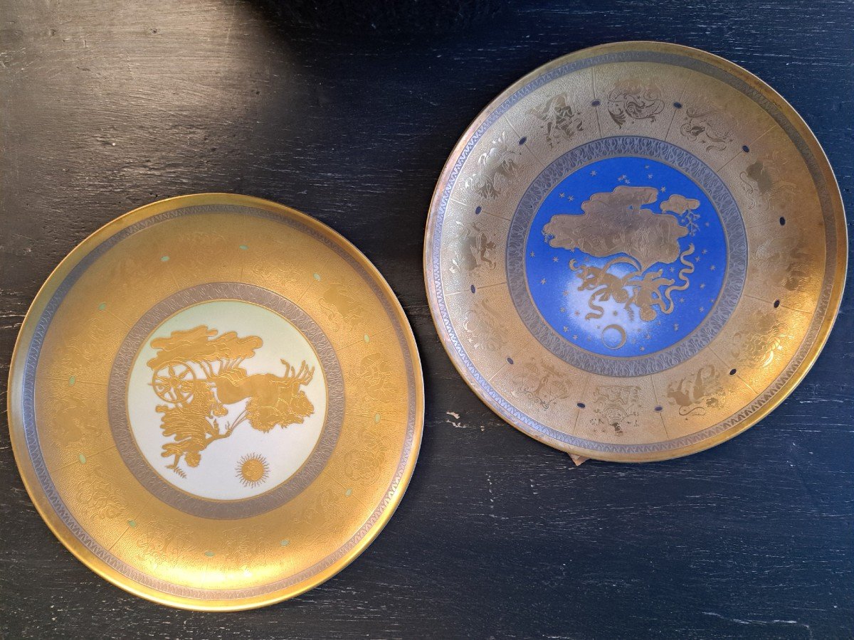 Morbelli Arte - "the Day" And "the Night" -pair Of Porcelain Plates Etched And Decorated With P-photo-5