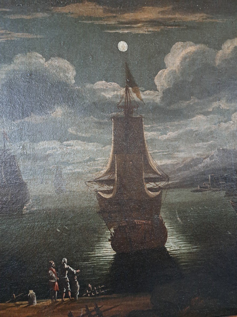 Great Marina In The Night Of '600 With Sailing Ships, Characters And Gulf-photo-3