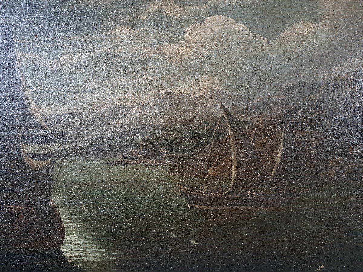 Great Marina In The Night Of '600 With Sailing Ships, Characters And Gulf-photo-6