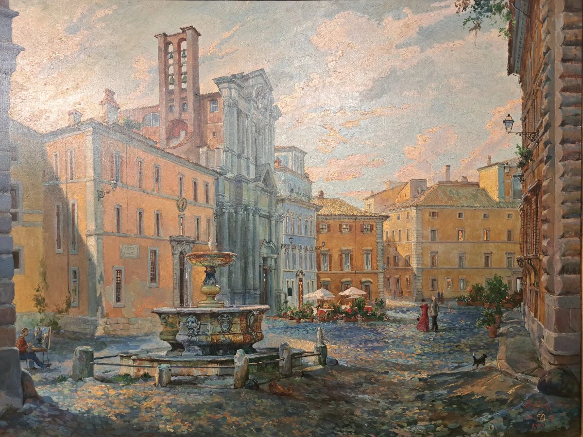 Rome, View Of Piazza Campitelli. Oil On Canvas-photo-2
