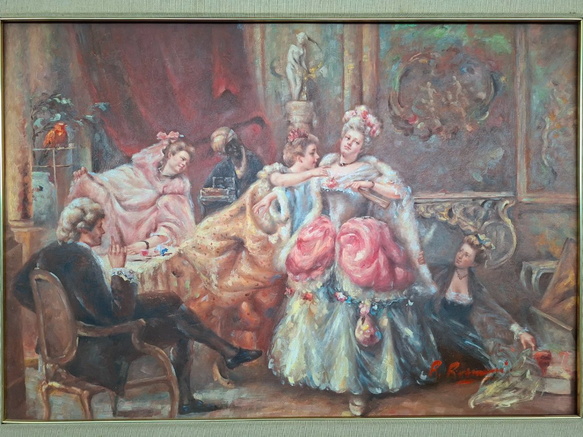 Huile sur toile "Vêtement pour le bal" avec cadre doré.-photo-2