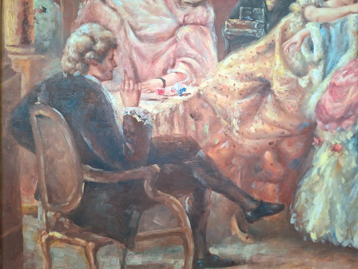 Huile sur toile "Vêtement pour le bal" avec cadre doré.-photo-3
