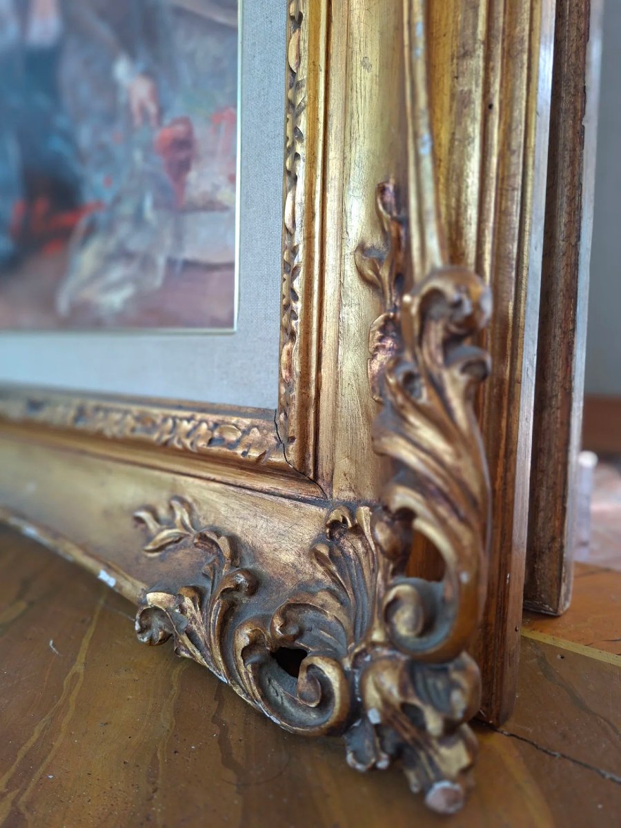 Huile sur toile "Vêtement pour le bal" avec cadre doré.-photo-4