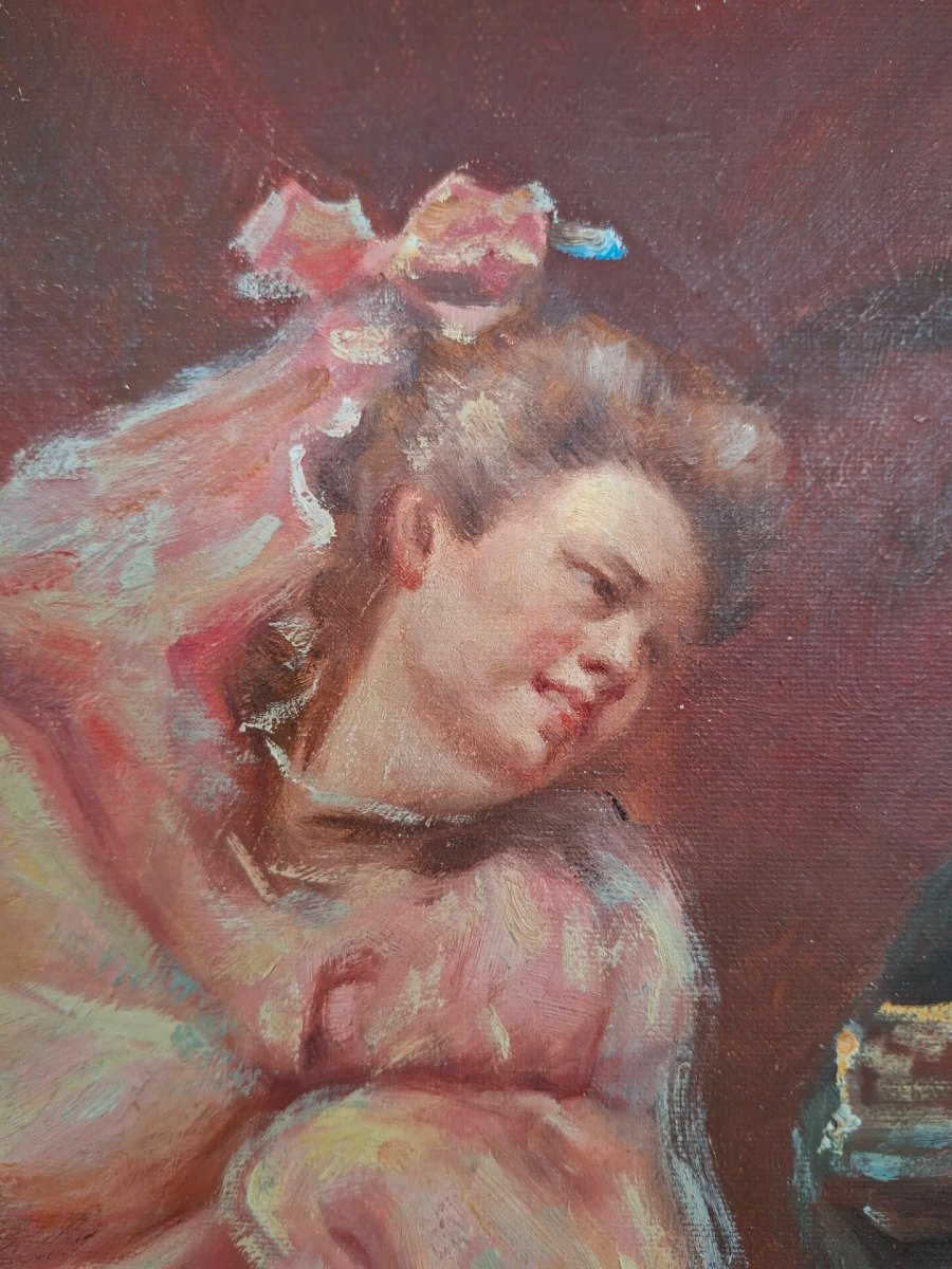 Huile sur toile "Vêtement pour le bal" avec cadre doré.-photo-1