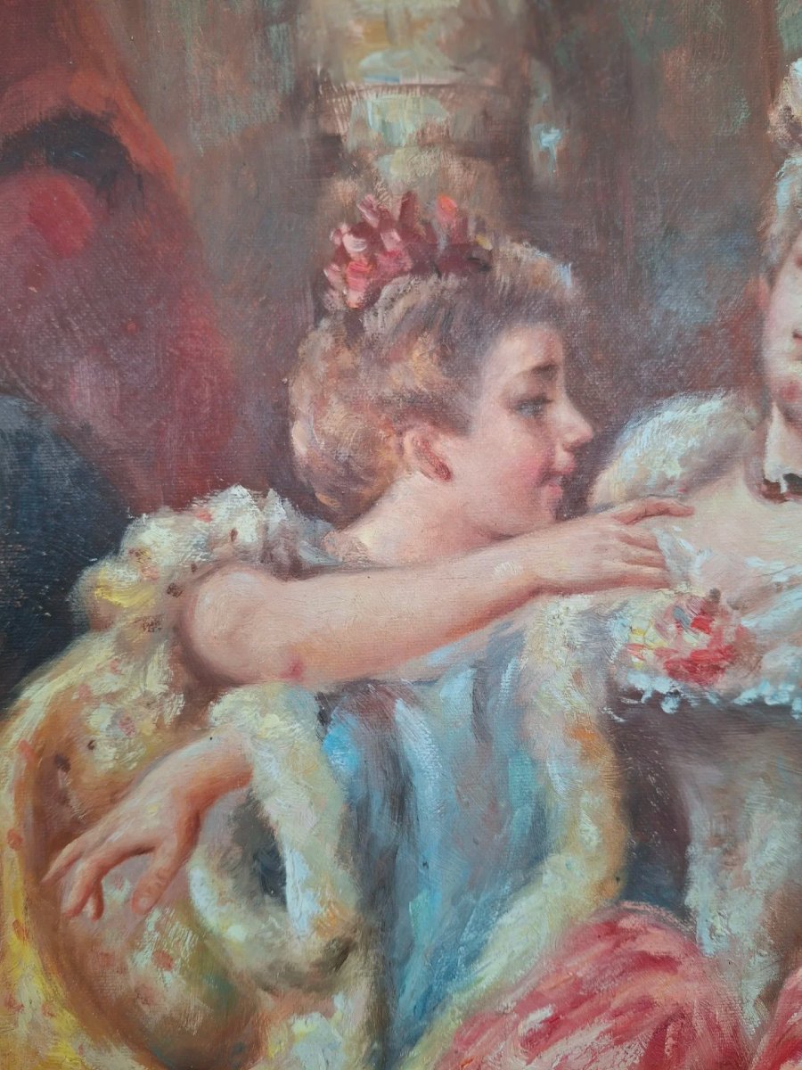 Huile sur toile "Vêtement pour le bal" avec cadre doré.-photo-2