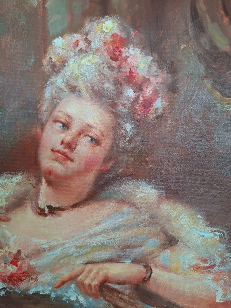 Huile sur toile "Vêtement pour le bal" avec cadre doré.-photo-3