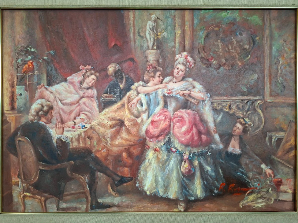 Huile sur toile "Vêtement pour le bal" avec cadre doré.-photo-4