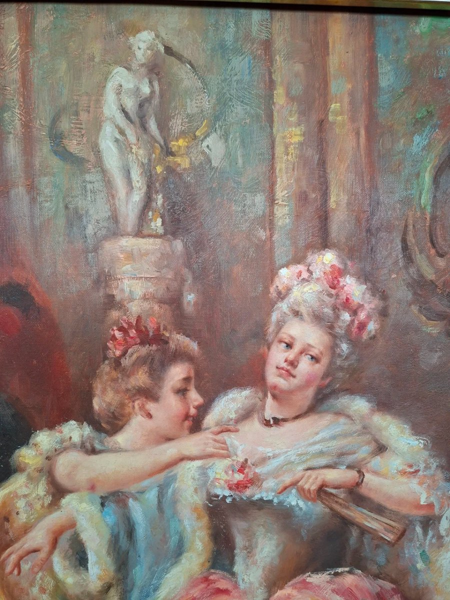 Huile sur toile "Vêtement pour le bal" avec cadre doré.-photo-5