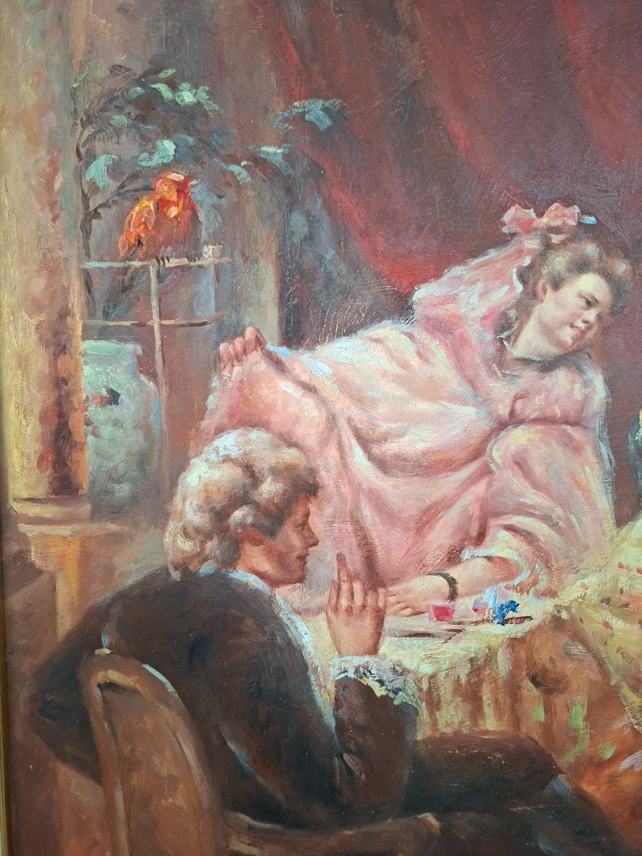 Huile sur toile "Vêtement pour le bal" avec cadre doré.-photo-6