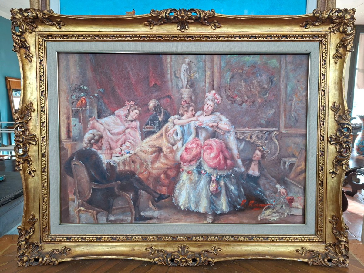 Huile sur toile "Vêtement pour le bal" avec cadre doré.