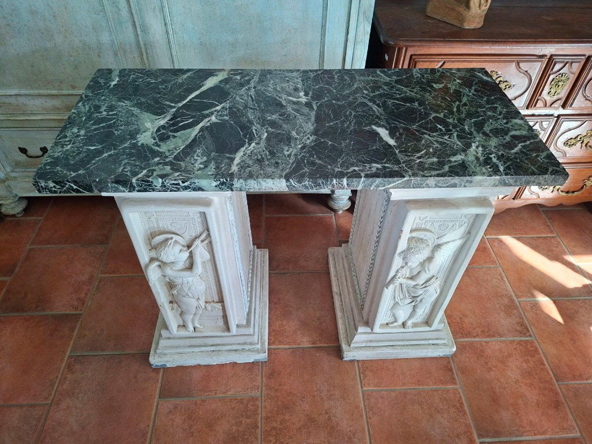 Table de centre, base en plâtre et plateau en marbre.-photo-6
