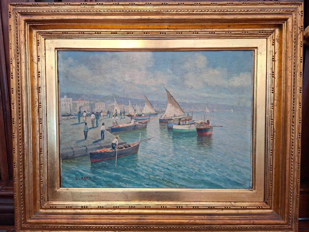 École napolitaine, Marina, huile sur toile avec coryx doré-photo-2