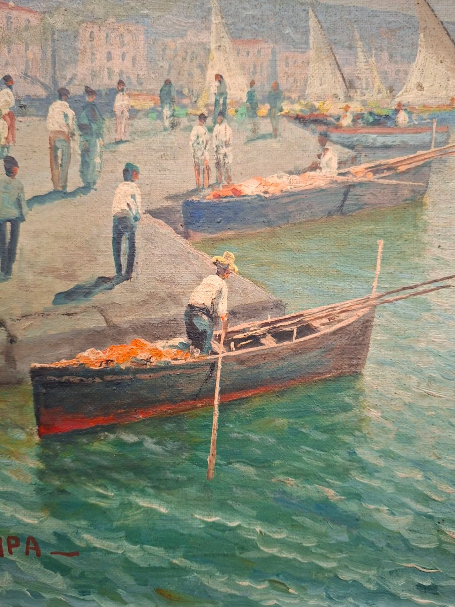 École napolitaine, Marina, huile sur toile avec coryx doré-photo-3