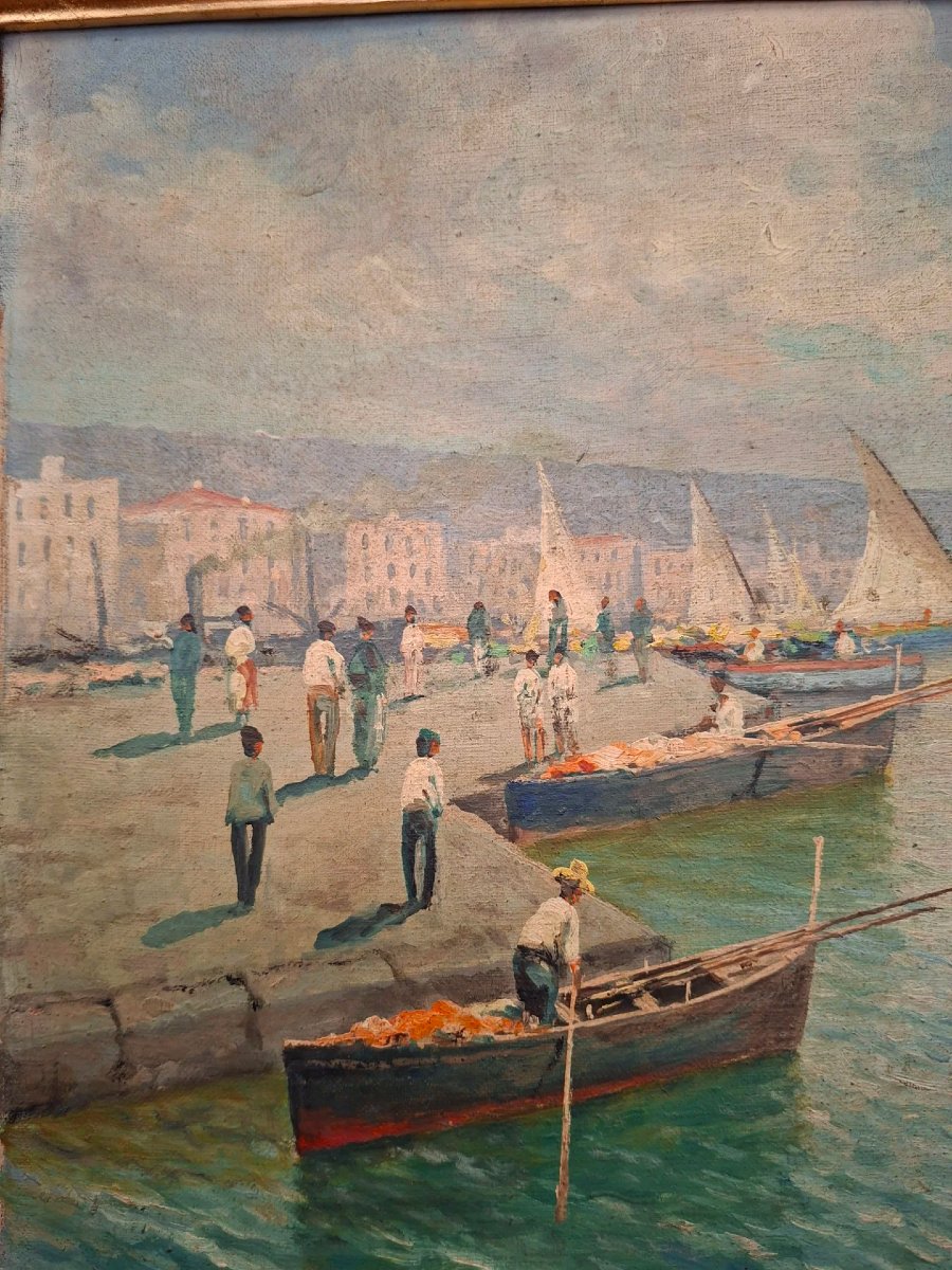 École napolitaine, Marina, huile sur toile avec coryx doré-photo-4