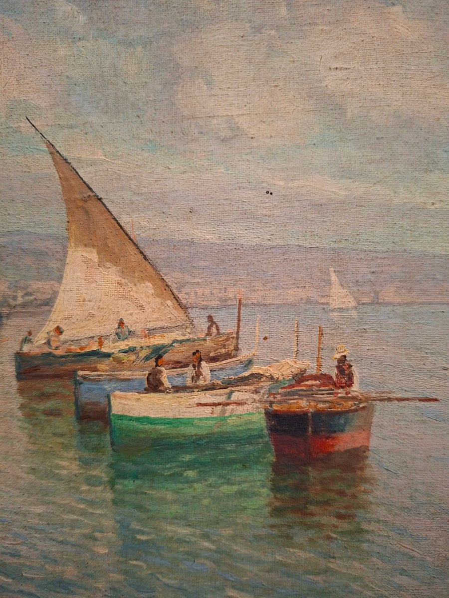 École napolitaine, Marina, huile sur toile avec coryx doré-photo-1