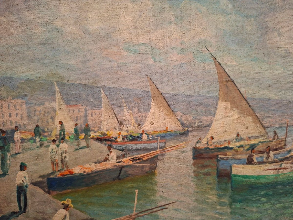 École napolitaine, Marina, huile sur toile avec coryx doré-photo-2
