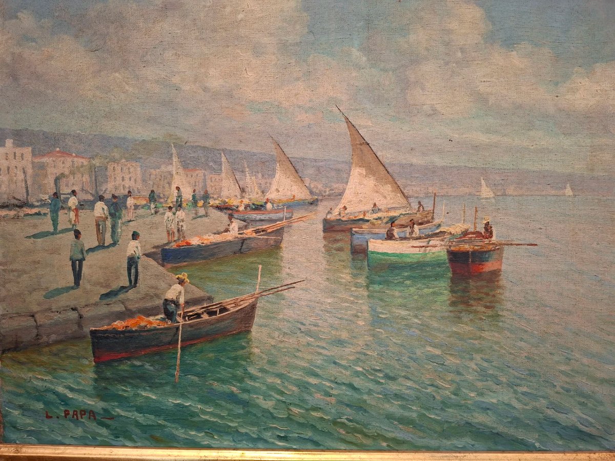 École napolitaine, Marina, huile sur toile avec coryx doré-photo-5