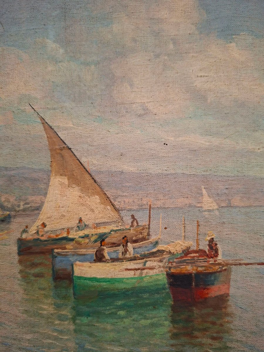 École napolitaine, Marina, huile sur toile avec coryx doré-photo-6