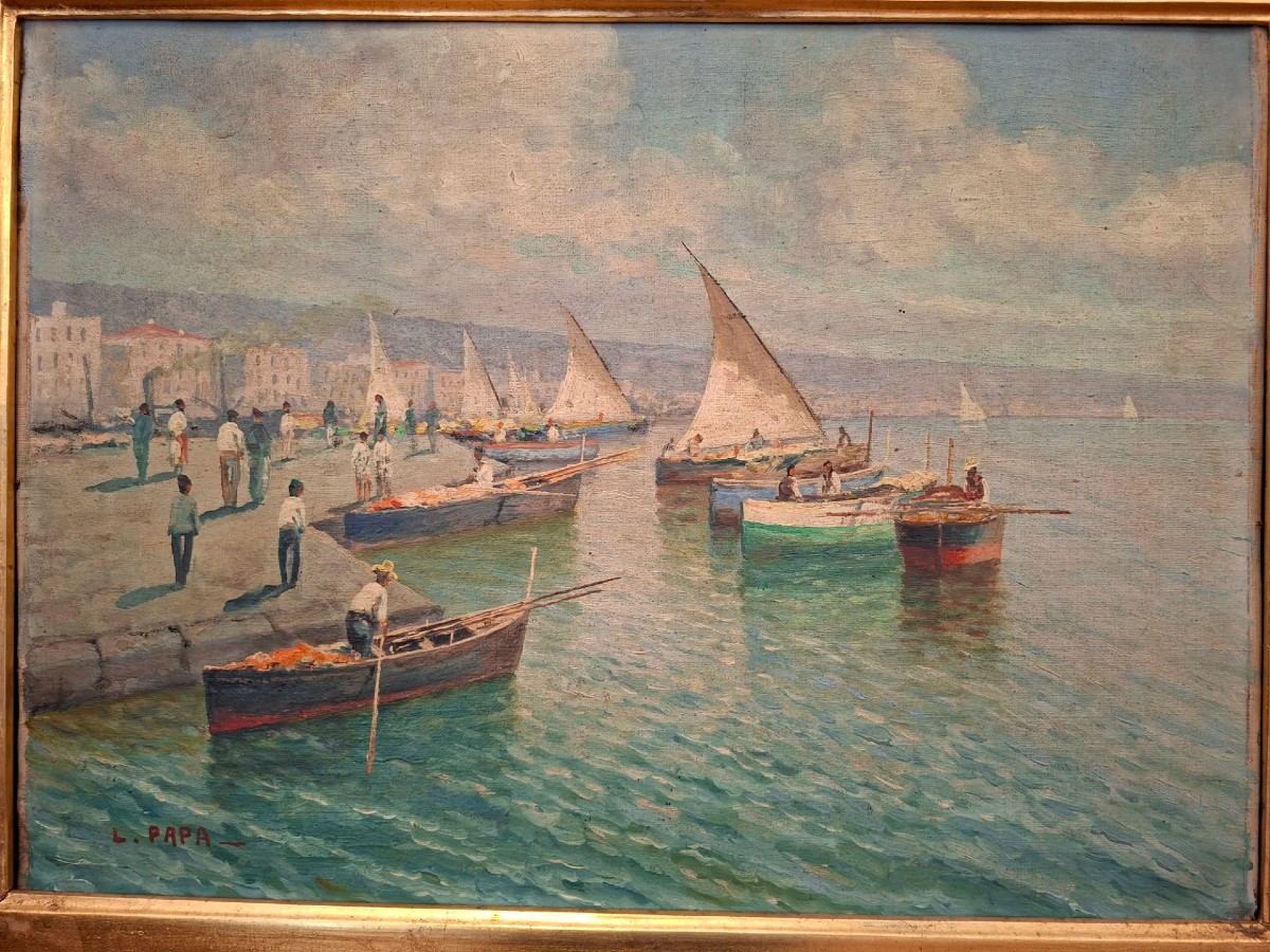 École napolitaine, Marina, huile sur toile avec coryx doré