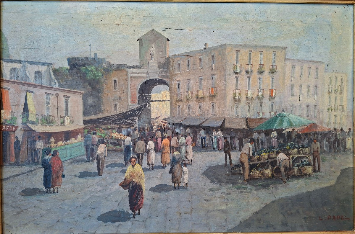 Marché de Porta Capuana, école napolitaine, huile sur panneau