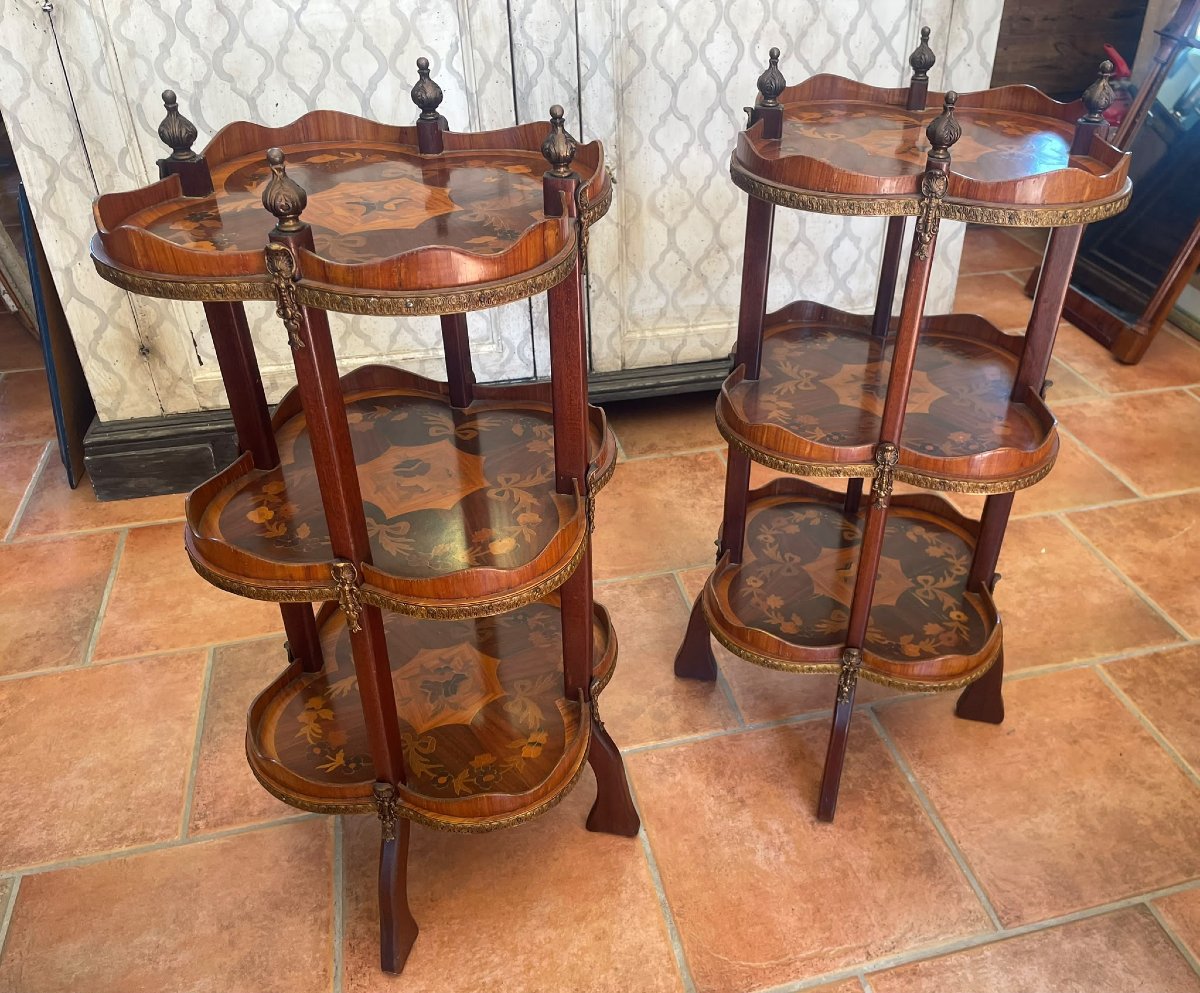 Paire de tables étagère en bois de rose marbré.-photo-2