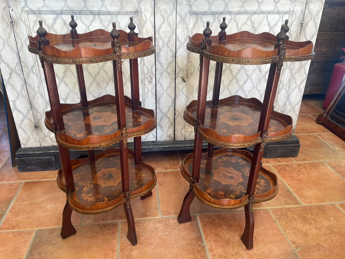 Paire de tables étagère en bois de rose marbré.-photo-6