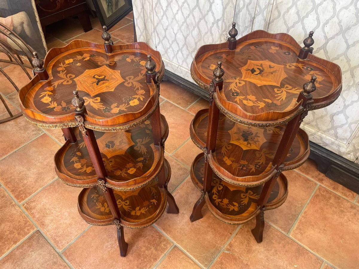 Paire de tables étagère en bois de rose marbré.