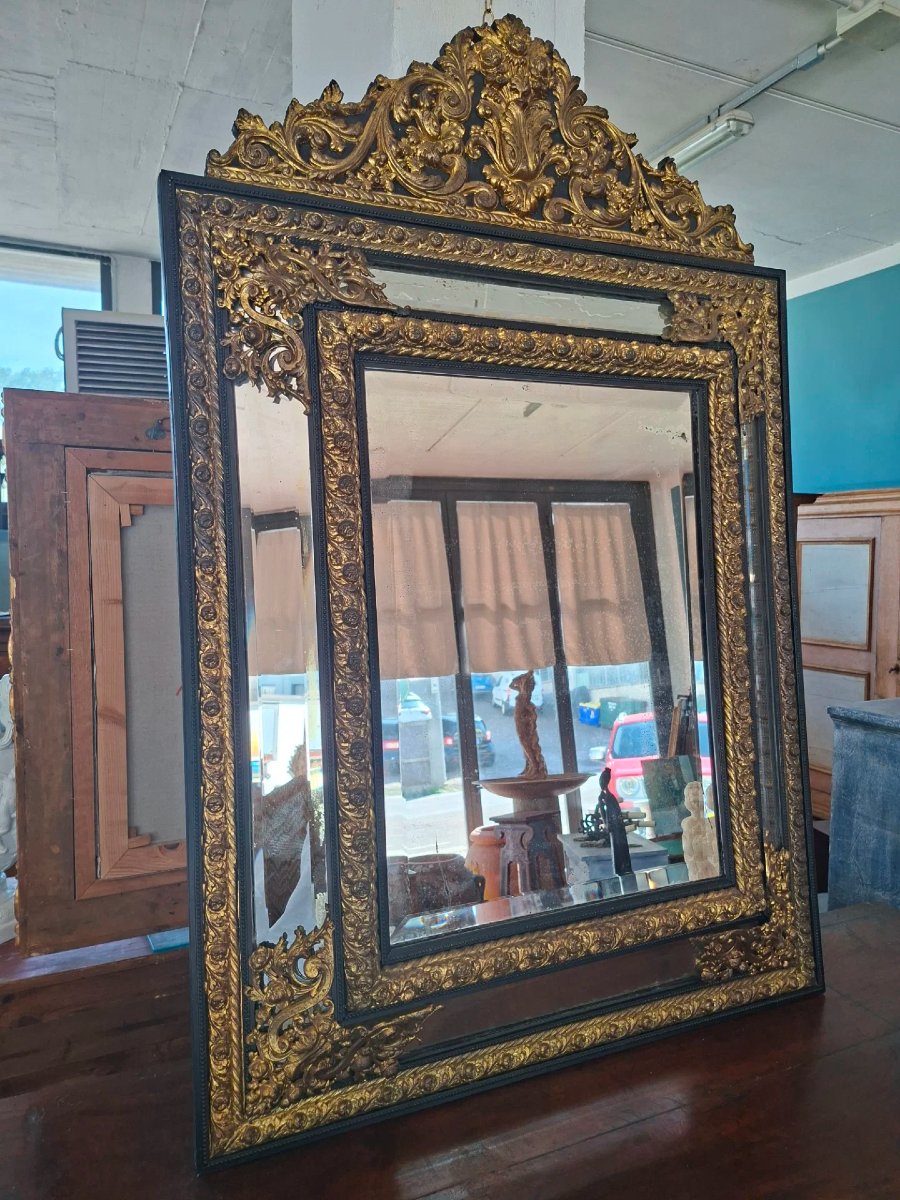 Mirror Made Of Ebony-stained Wood And Embossed Metal