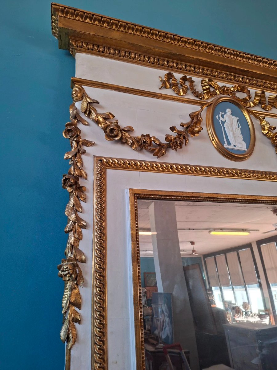 Large Neoclassical Palace-style Mirror In Lacquer And Gold-photo-3