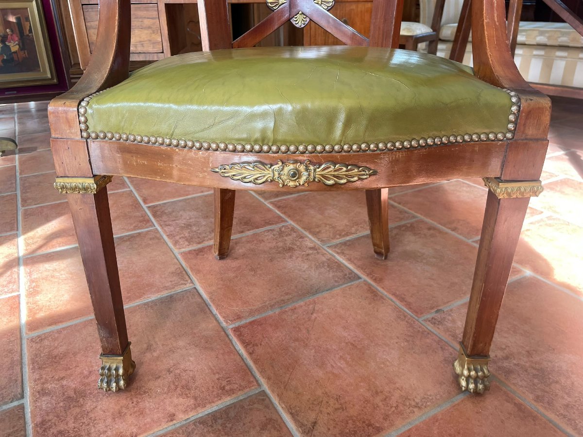 Fauteuil style Empire en bois et cuir vert olive-photo-4