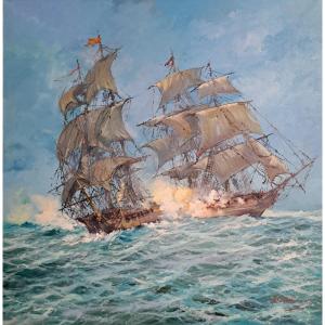  Norberto Martini, Bataille en haute mer, huile sur toile