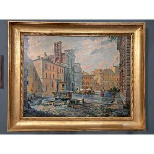 Rome, View Of Piazza Campitelli. Oil On Canvas