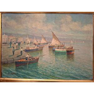 École napolitaine, Marina, huile sur toile avec coryx doré
