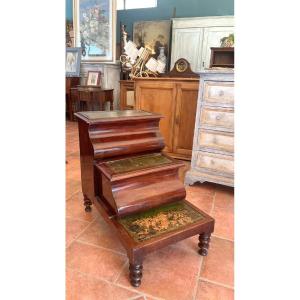 Escalier de bibliothèque en acajou et cuir buliné